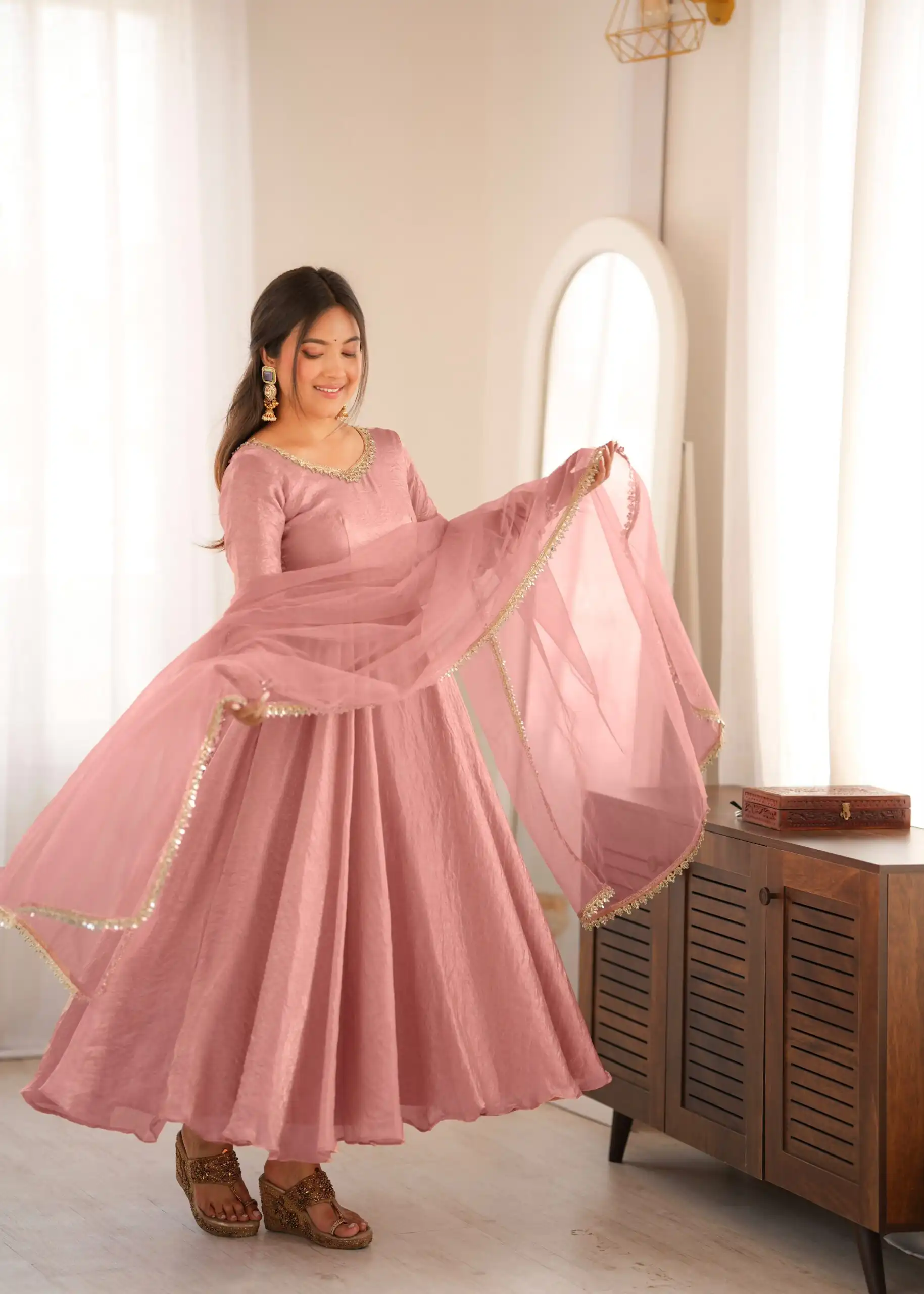 SRK 5355 Pink Doremon Crush Gown with Lace Work & Mirror Work. Exclusive Offer ₹2099. Delivery 4-6 Working Days. Shop now. | Bollywood Gowns, Creative Gowns, Designer Gowns, Embroidered Gowns, Gowns, Party Wear Gowns