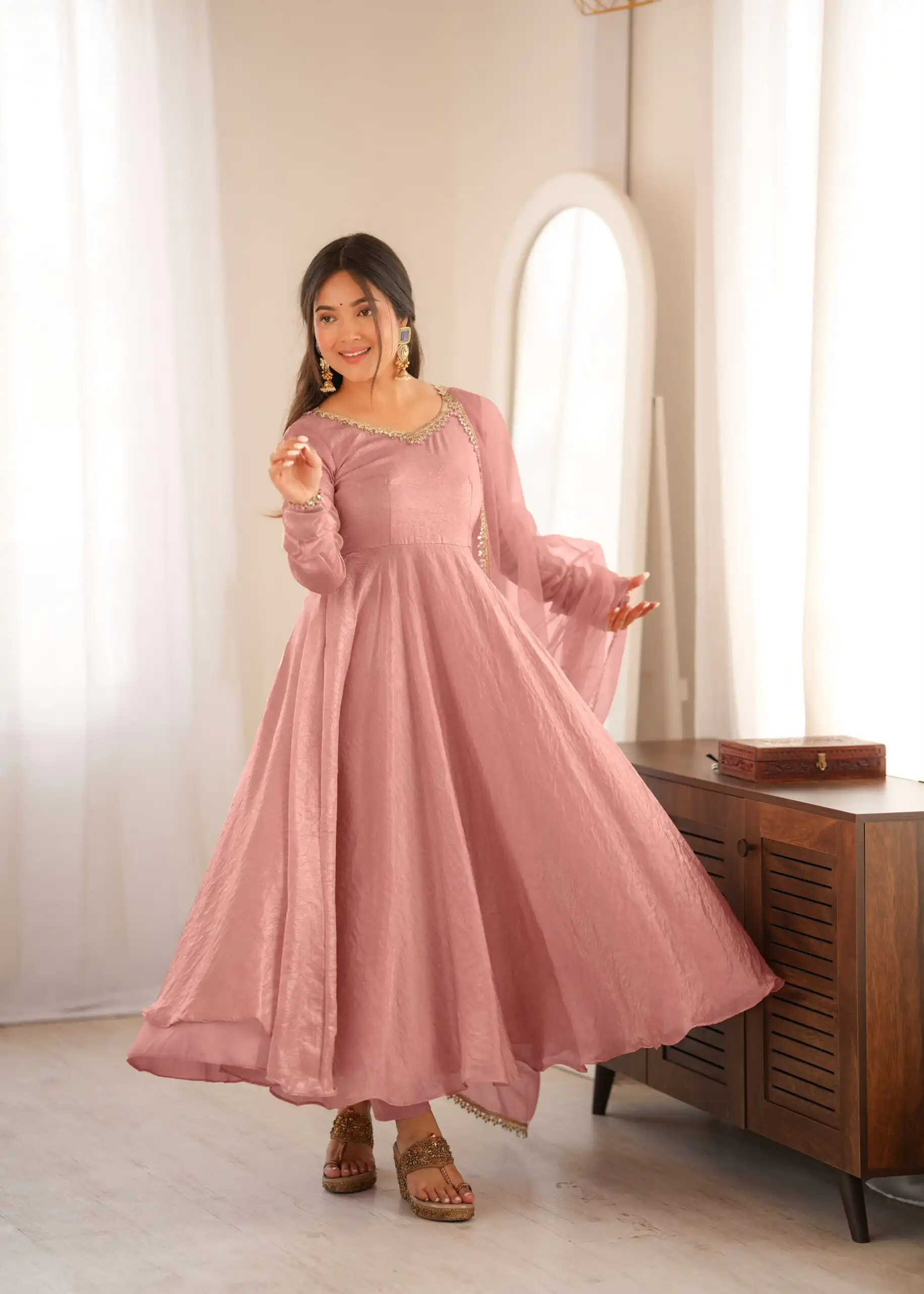 SRK 5355 Pink Doremon Crush Gown with Lace Work & Mirror Work. Exclusive Offer ₹2099. Delivery 4-6 Working Days. Shop now. | Bollywood Gowns, Creative Gowns, Designer Gowns, Embroidered Gowns, Gowns, Party Wear Gowns