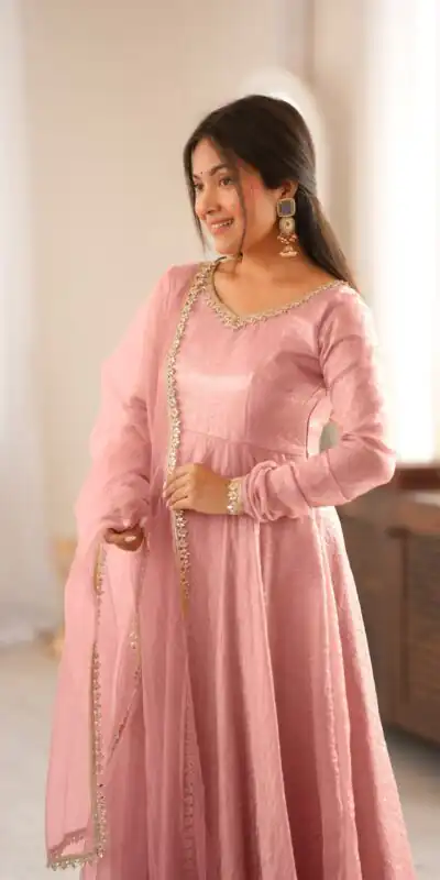 SRK 5355 Pink Doremon Crush Gown with Lace Work & Mirror Work. Exclusive Offer ₹2099. Delivery 4-6 Working Days. Shop now. | Bollywood Gowns, Creative Gowns, Designer Gowns, Embroidered Gowns, Gowns, Party Wear Gowns