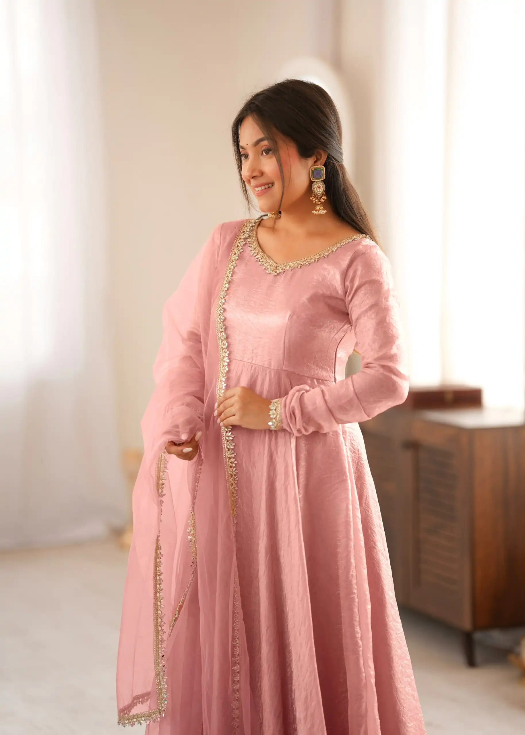 SRK 5355 Pink Doremon Crush Gown with Lace Work & Mirror Work. Exclusive Offer ₹2099. Delivery 4-6 Working Days. Shop now. | Bollywood Gowns, Creative Gowns, Designer Gowns, Embroidered Gowns, Gowns, Party Wear Gowns