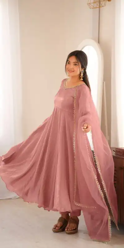 SRK 5355 Pink Doremon Crush Gown with Lace Work & Mirror Work. Exclusive Offer ₹2099. Delivery 4-6 Working Days. Shop now. | Bollywood Gowns, Creative Gowns, Designer Gowns, Embroidered Gowns, Gowns, Party Wear Gowns