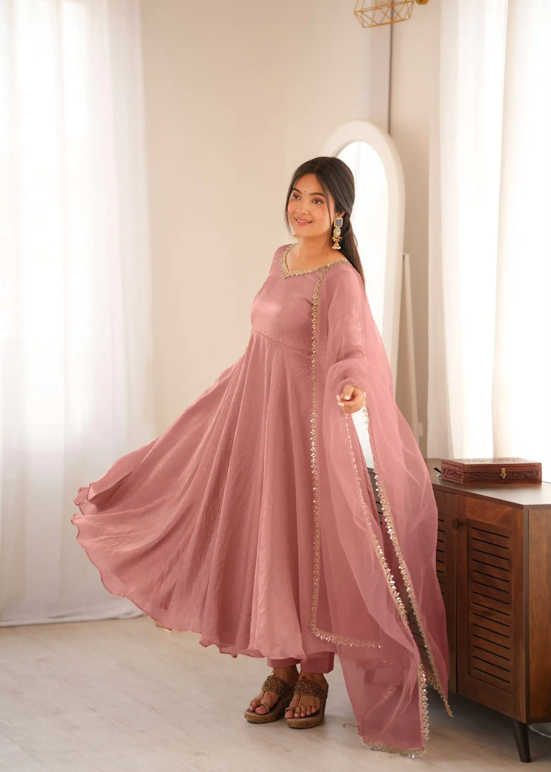 SRK 5355 Pink Doremon Crush Gown with Lace Work & Mirror Work. Exclusive Offer ₹2099. Delivery 4-6 Working Days. Shop now. | Bollywood Gowns, Creative Gowns, Designer Gowns, Embroidered Gowns, Gowns, Party Wear Gowns