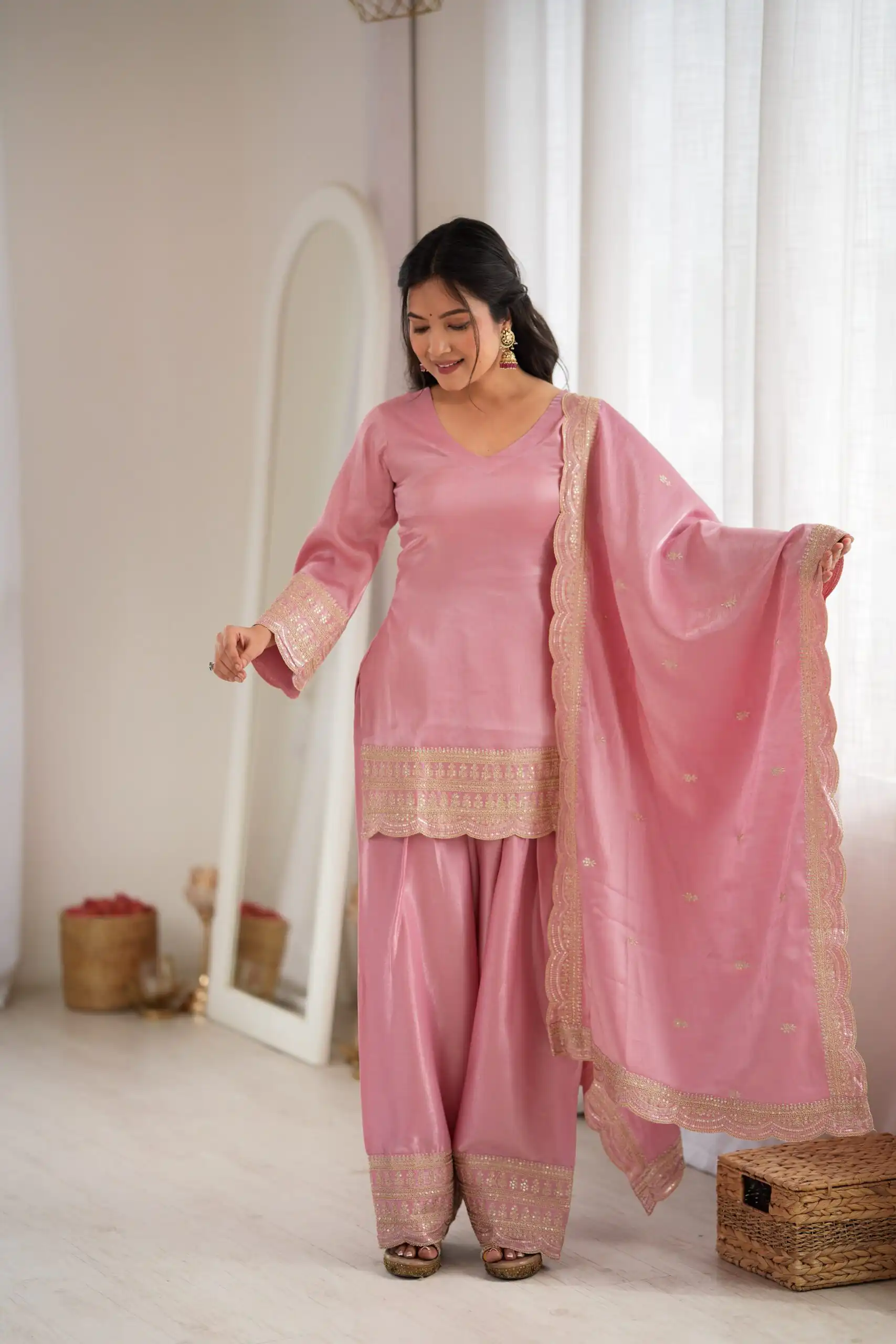 KB 304 Pink in Glass Roman Silk. Sequins Work & Embroidery Work Salwar Suit Festive Deal ₹1999. Delivery 4-6 Working Days. Shop now. | Casual Suits, Jump Suits, Creative suits, Designer Suits, Palazzo Suits, Party Wear Suits, Patiala Suits, Salwar suit, Straight Suits