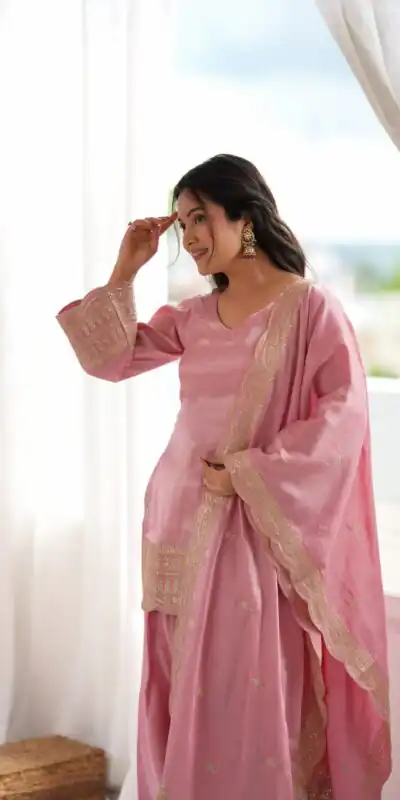KB 304 Pink in Glass Roman Silk. Sequins Work & Embroidery Work Salwar Suit Festive Deal ₹1999. Delivery 4-6 Working Days. Shop now. | Casual Suits, Jump Suits, Creative suits, Designer Suits, Palazzo Suits, Party Wear Suits, Patiala Suits, Salwar suit, Straight Suits