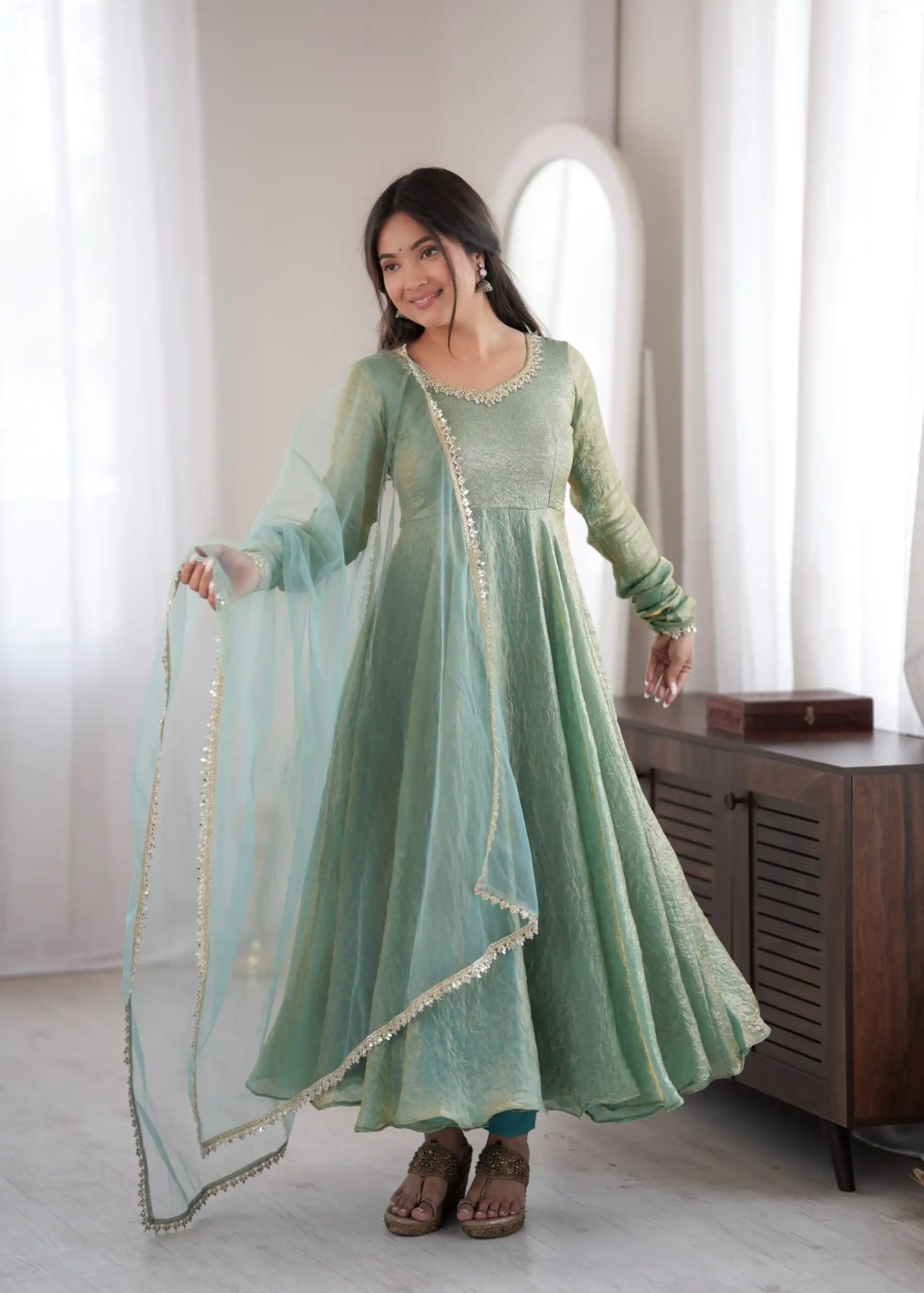 SRK 5355 Rama Doremon Crush Gown with Lace Work & Mirror Work. Exclusive Offer ₹2099. Delivery 4-6 Working Days. Shop now. | Bollywood Gowns, Creative Gowns, Designer Gowns, Embroidered Gowns, Gowns, Party Wear Gowns