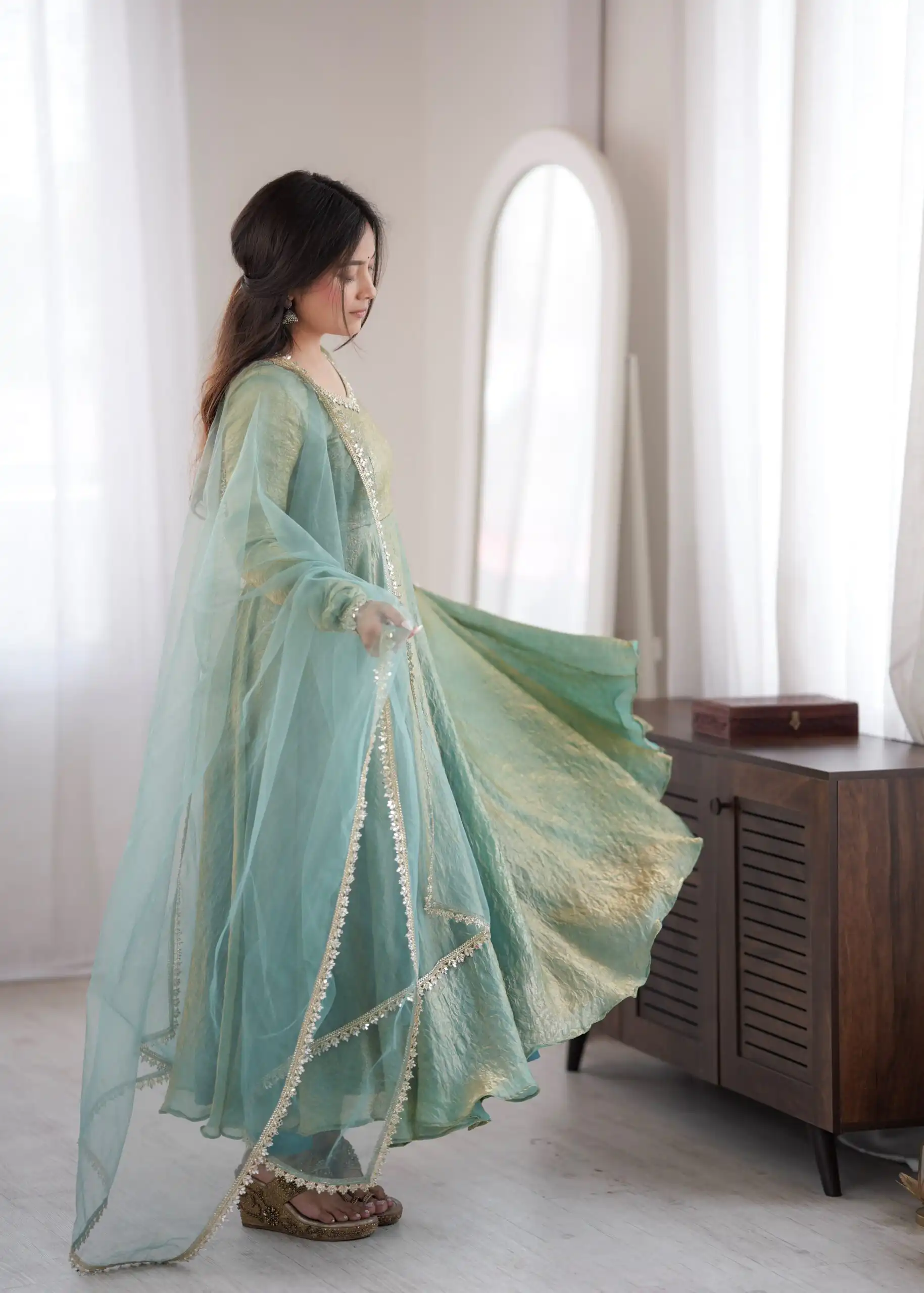 SRK 5355 Rama Doremon Crush Gown with Lace Work & Mirror Work. Exclusive Offer ₹2099. Delivery 4-6 Working Days. Shop now. | Bollywood Gowns, Creative Gowns, Designer Gowns, Embroidered Gowns, Gowns, Party Wear Gowns
