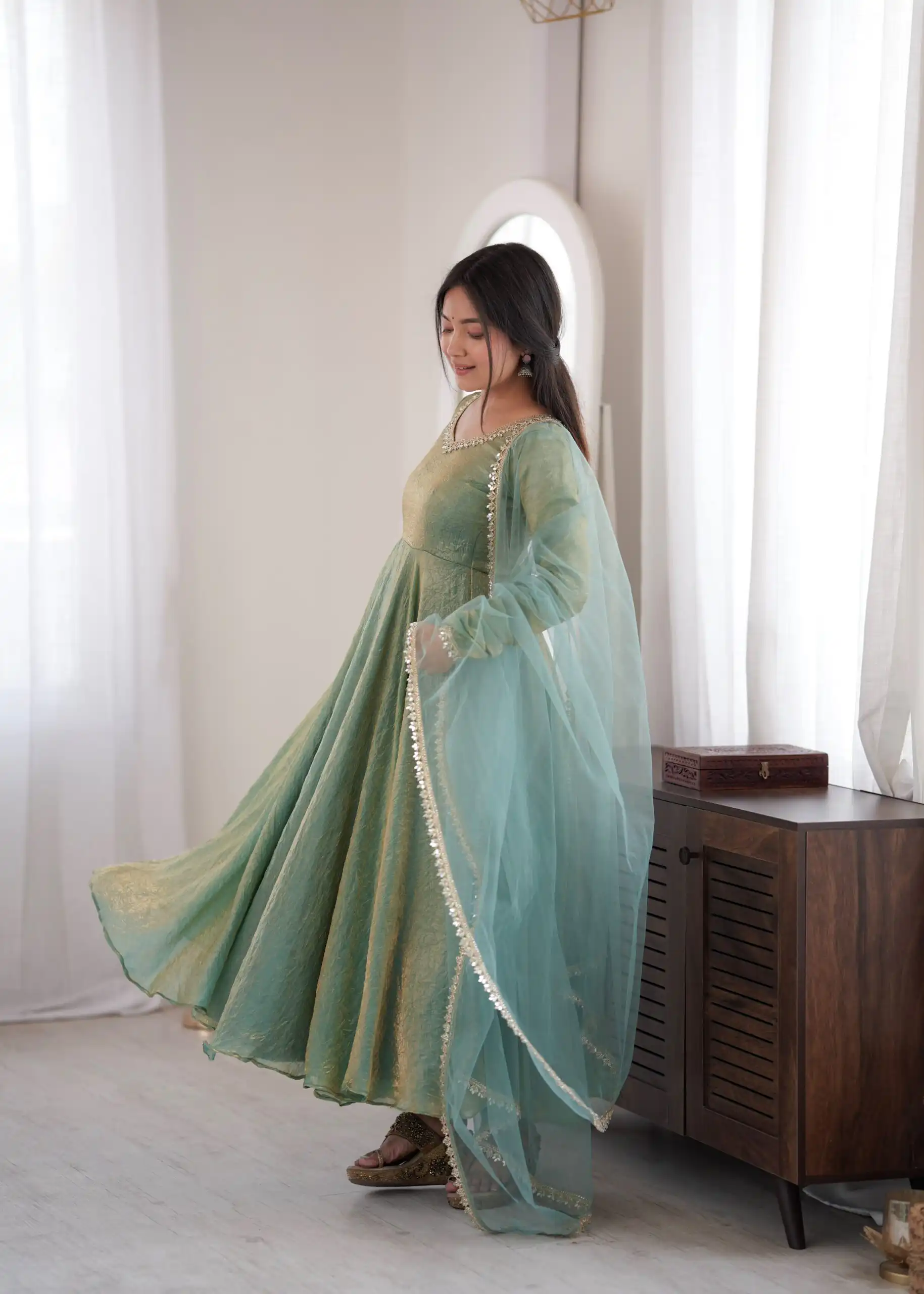 SRK 5355 Rama Doremon Crush Gown with Lace Work & Mirror Work. Exclusive Offer ₹2099. Delivery 4-6 Working Days. Shop now. | Bollywood Gowns, Creative Gowns, Designer Gowns, Embroidered Gowns, Gowns, Party Wear Gowns