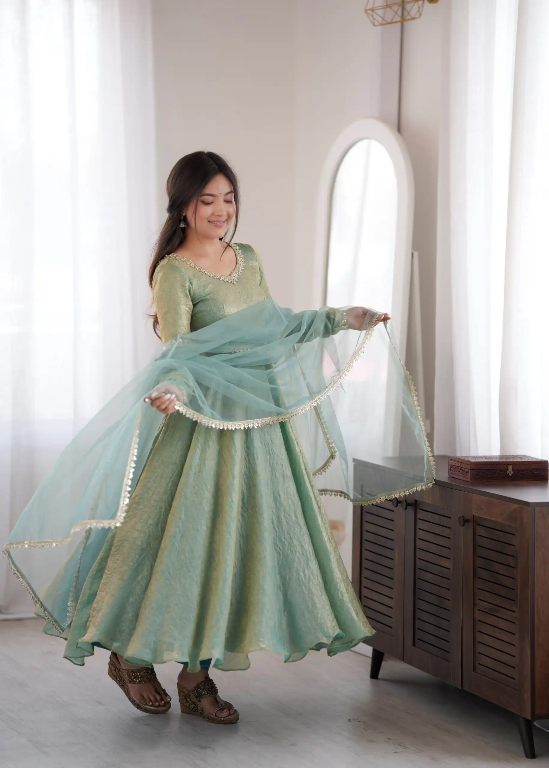 SRK 5355 Rama Doremon Crush Gown with Lace Work & Mirror Work. Exclusive Offer ₹2099. Delivery 4-6 Working Days. Shop now. | Bollywood Gowns, Creative Gowns, Designer Gowns, Embroidered Gowns, Gowns, Party Wear Gowns
