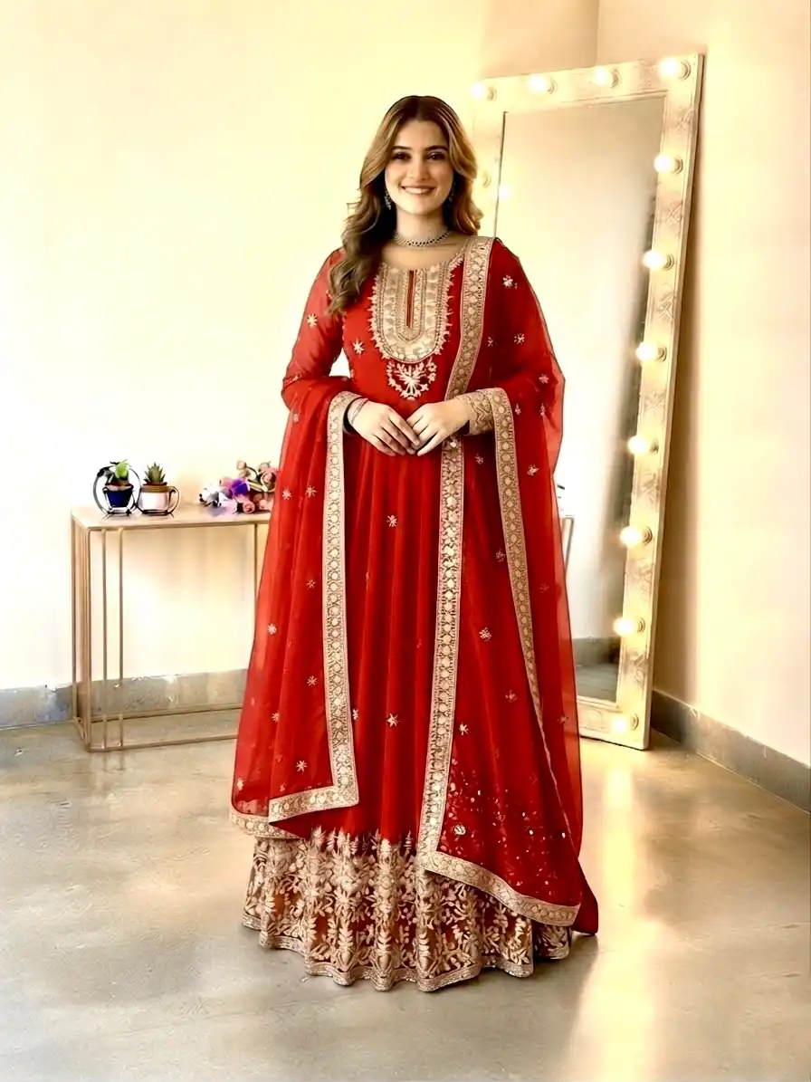 SSR 546 Red in Georgette Embroidery Work & Sequins Work Gown . Get it for ₹2149. Delivery 4-6 Working Days. Online Shop now. | Bollywood Gowns, Creative Gowns, Designer Gowns, Embroidered Gowns, Gowns, Party Wear Gowns
