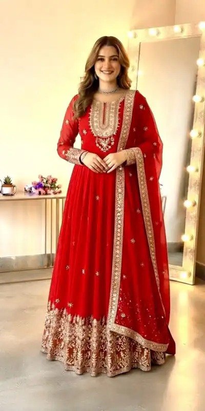 SSR 546 Red in Georgette Embroidery Work & Sequins Work Gown . Get it for ₹2149. Delivery 4-6 Working Days. Online Shop now. | Bollywood Gowns, Creative Gowns, Designer Gowns, Embroidered Gowns, Gowns, Party Wear Gowns