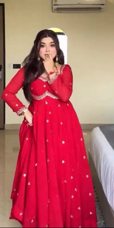 NSR 874 Red Georgette Thread With Sequence Gown Perfect for Wedding, Party, Reception, Holi, Eid . Available at ₹1799 only. Delivery 4-6 Working Days. | Bollywood Gowns, Creative Gowns, Designer Gowns, Embroidered Gowns, Gowns, Party Wear Gowns