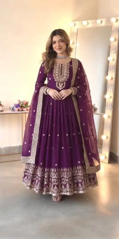 SSR 546 Wine in Georgette Embroidery Work & Sequins Work Gown . Get it for ₹2149. Delivery 4-6 Working Days. Online Shop now. | Bollywood Gowns, Creative Gowns, Designer Gowns, Embroidered Gowns, Gowns, Party Wear Gowns