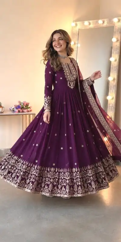 SSR 546 Wine in Georgette Embroidery Work & Sequins Work Gown . Get it for ₹2149. Delivery 4-6 Working Days. Online Shop now. | Bollywood Gowns, Creative Gowns, Designer Gowns, Embroidered Gowns, Gowns, Party Wear Gowns