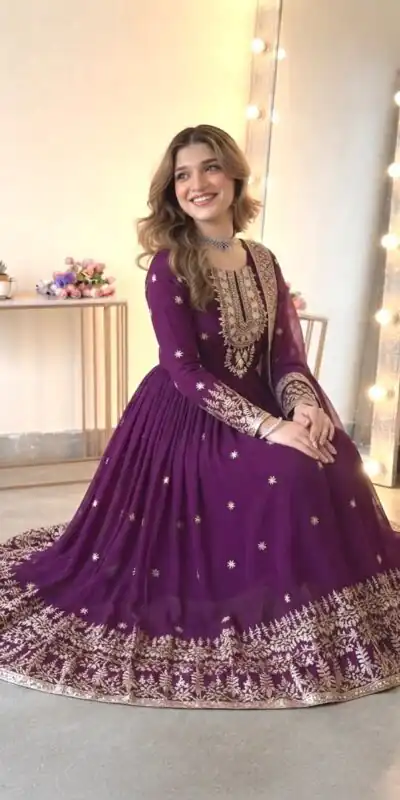 SSR 546 Wine in Georgette Embroidery Work & Sequins Work Gown . Get it for ₹2149. Delivery 4-6 Working Days. Online Shop now. | Bollywood Gowns, Creative Gowns, Designer Gowns, Embroidered Gowns, Gowns, Party Wear Gowns