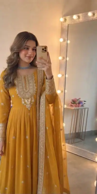 SSR 546 Yellow in Georgette Embroidery Work & Sequins Work Gown . Get it for ₹2149. Delivery 4-6 Working Days. Online Shop now. | Bollywood Gowns, Creative Gowns, Designer Gowns, Embroidered Gowns, Gowns, Party Wear Gowns