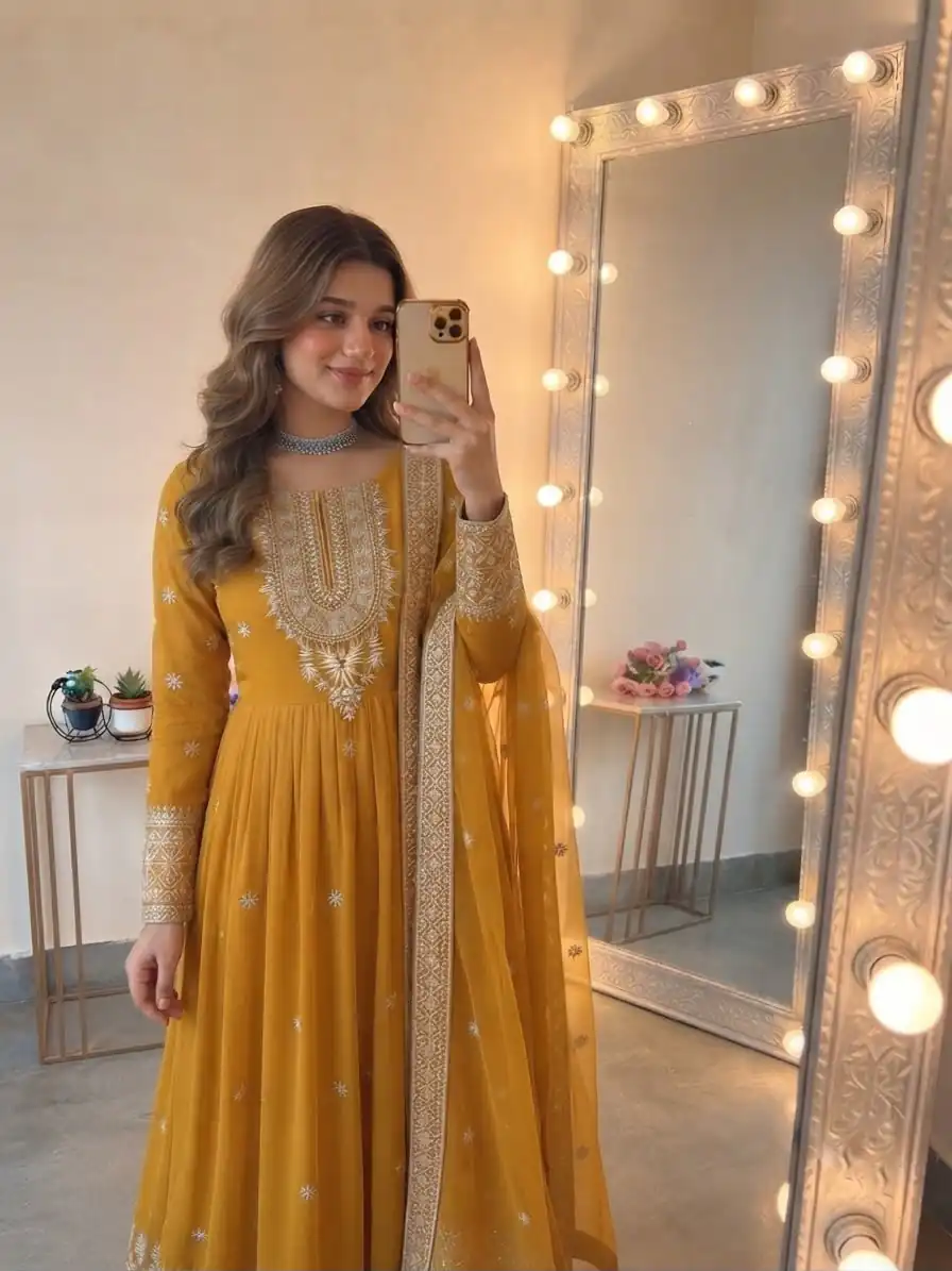 SSR 546 Yellow in Georgette Embroidery Work & Sequins Work Gown . Get it for ₹2149. Delivery 4-6 Working Days. Online Shop now. | Bollywood Gowns, Creative Gowns, Designer Gowns, Embroidered Gowns, Gowns, Party Wear Gowns