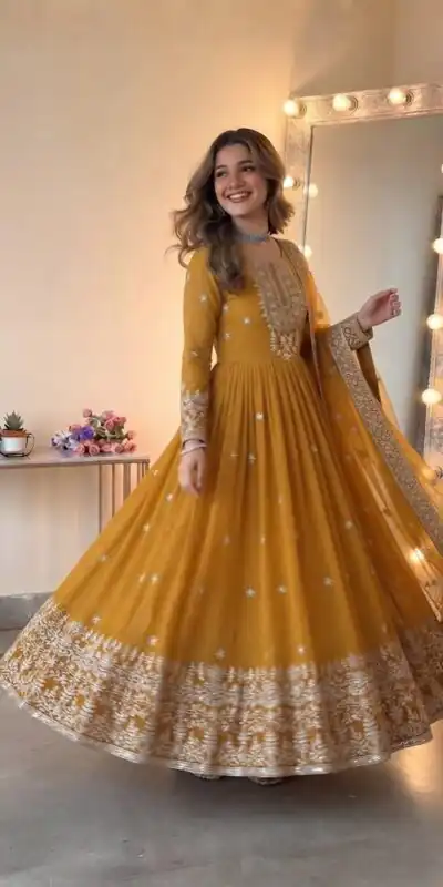SSR 546 Yellow in Georgette Embroidery Work & Sequins Work Gown . Get it for ₹2149. Delivery 4-6 Working Days. Online Shop now. | Bollywood Gowns, Creative Gowns, Designer Gowns, Embroidered Gowns, Gowns, Party Wear Gowns