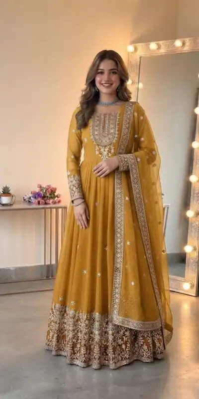 SSR 546 Yellow in Georgette Embroidery Work & Sequins Work Gown . Get it for ₹2149. Delivery 4-6 Working Days. Online Shop now. | Bollywood Gowns, Creative Gowns, Designer Gowns, Embroidered Gowns, Gowns, Party Wear Gowns