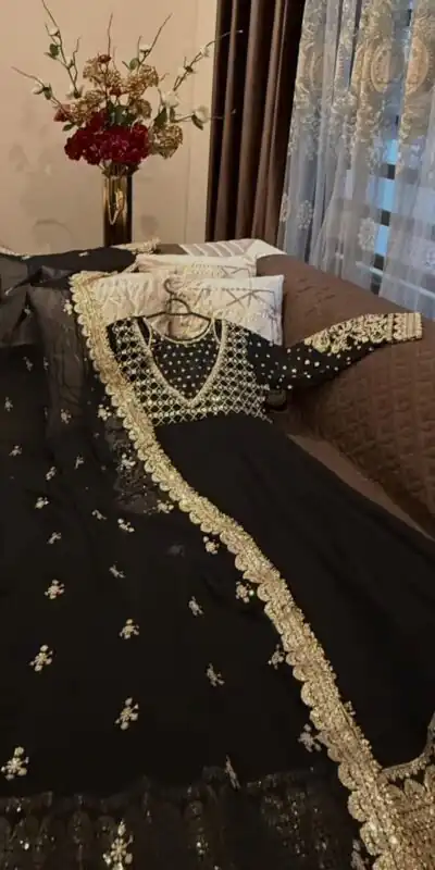 JF 049 Black Georgette Gown with Embroidery Work & Sequins Work. Exclusive Offer ₹2149. Delivery 4-6 Working Days. Shop now. | Bollywood Gowns, Creative Gowns, Designer Gowns, Embroidered Gowns, Gowns, Party Wear Gowns