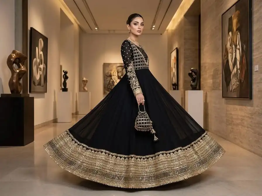 JF 049 Black Georgette Gown with Embroidery Work & Sequins Work. Exclusive Offer ₹2149. Delivery 4-6 Working Days. Shop now. | Bollywood Gowns, Creative Gowns, Designer Gowns, Embroidered Gowns, Gowns, Party Wear Gowns