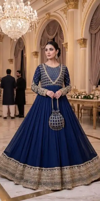 JF 049 Navy Blue Georgette Gown with Embroidery Work & Sequins Work. Exclusive Offer ₹2149. Delivery 4-6 Working Days. Shop now. | Bollywood Gowns, Creative Gowns, Designer Gowns, Embroidered Gowns, Gowns, Party Wear Gowns