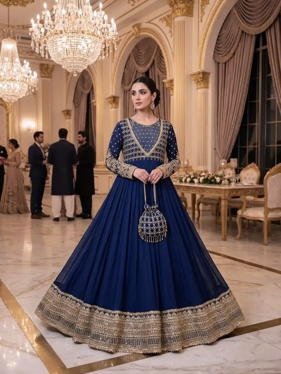 JF 049 Navy Blue Georgette Gown with Embroidery Work & Sequins Work. Exclusive Offer ₹2149. Delivery 4-6 Working Days. Shop now. | Bollywood Gowns, Creative Gowns, Designer Gowns, Embroidered Gowns, Gowns, Party Wear Gowns
