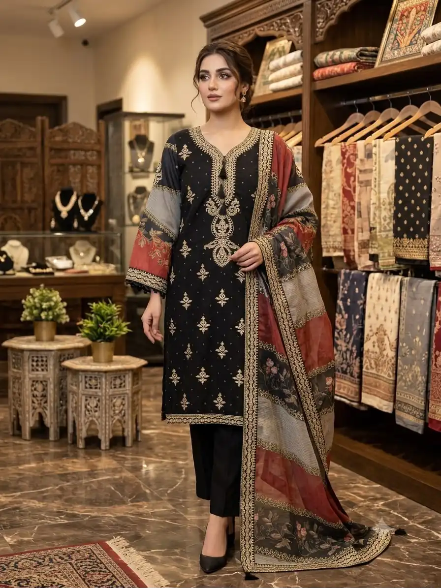 Graceful Black Mul Chanderi Silk Thread Work Salwar Suit - Image 2