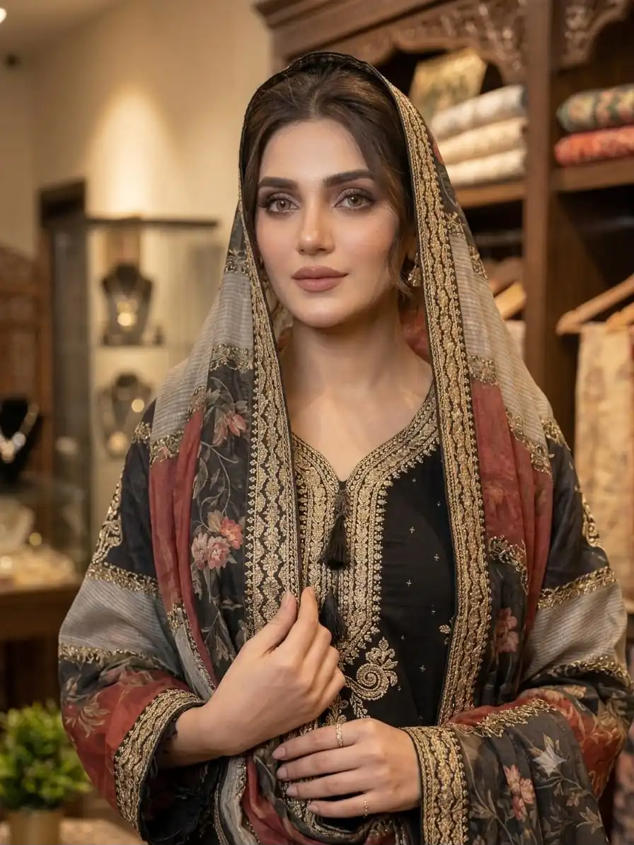 Graceful Black Mul Chanderi Silk Thread Work Salwar Suit - Image 3