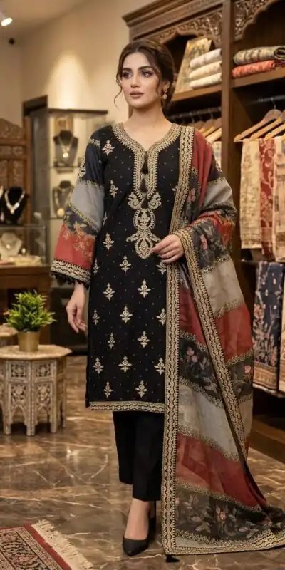 LG 2134 Black Mul Chanderi Salwar Suit with Embroidery Work & Sequins Work. Festive Deal ₹2399. Delivery 4-6 Working Days. Shop nowp | Casual Suits, Jump Suits, Creative suits, Designer Suits, Palazzo Suits, Party Wear Suits, Patiala Suits, Salwar suit, Straight Suits