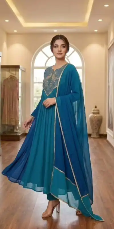 LG 2137 Blue Mul Chanderi Salwar Suit with Embroidery Work & Sequins Work. Festive Deal ₹2199. Delivery 4-6 Working Days. Shop nowp | Casual Suits, Jump Suits, Creative suits, Designer Suits, Palazzo Suits, Party Wear Suits, Patiala Suits, Salwar suit, Straight Suits