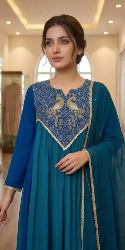 LG 2137 Blue Mul Chanderi Salwar Suit with Embroidery Work & Sequins Work. Festive Deal ₹2199. Delivery 4-6 Working Days. Shop nowp | Casual Suits, Jump Suits, Creative suits, Designer Suits, Palazzo Suits, Party Wear Suits, Patiala Suits, Salwar suit, Straight Suits