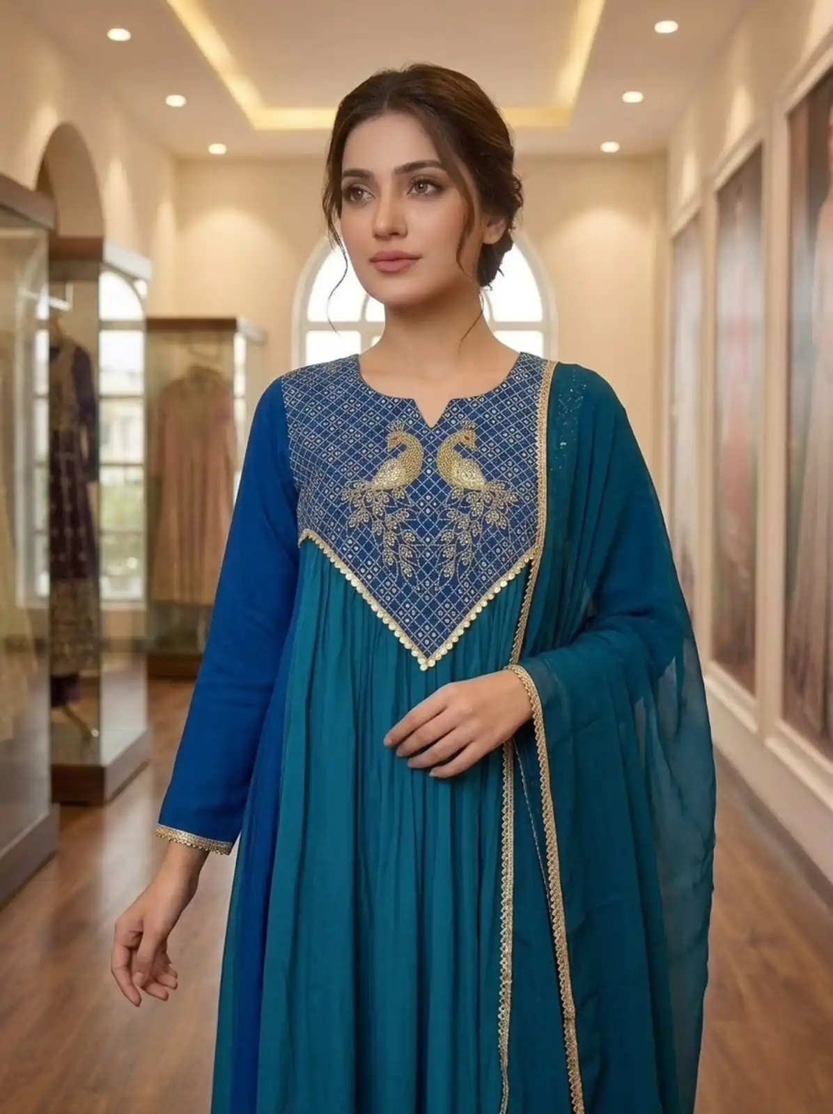 LG 2137 Blue Mul Chanderi Salwar Suit with Embroidery Work & Sequins Work. Festive Deal ₹2199. Delivery 4-6 Working Days. Shop nowp | Casual Suits, Jump Suits, Creative suits, Designer Suits, Palazzo Suits, Party Wear Suits, Patiala Suits, Salwar suit, Straight Suits