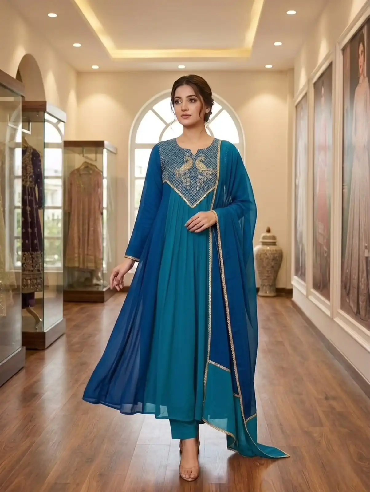 LG 2137 Blue Mul Chanderi Salwar Suit with Embroidery Work & Sequins Work. Festive Deal ₹2199. Delivery 4-6 Working Days. Shop nowp | Casual Suits, Jump Suits, Creative suits, Designer Suits, Palazzo Suits, Party Wear Suits, Patiala Suits, Salwar suit, Straight Suits