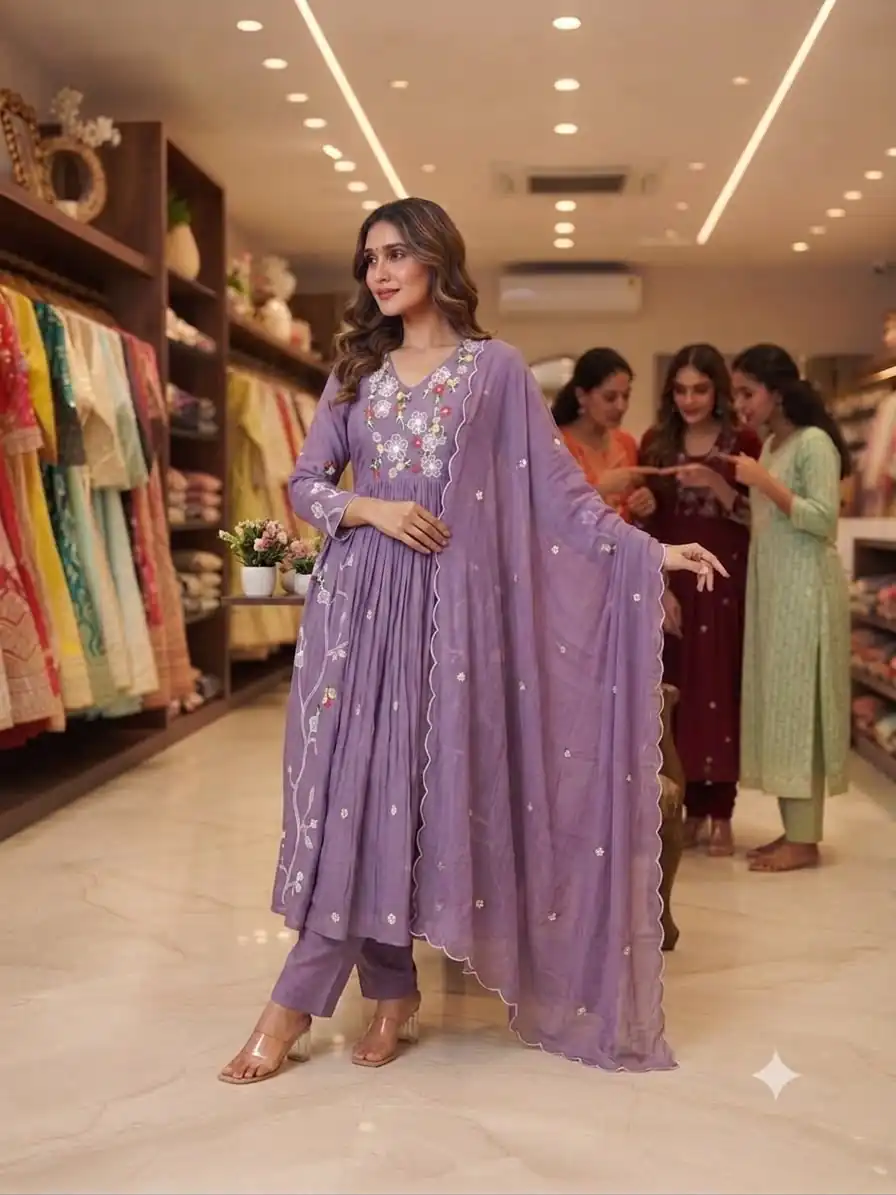 Graceful Lavender Mul Chanderi Silk Thread Work Salwar Suit - Image 3