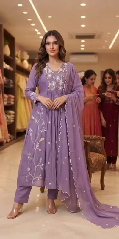 LG 2131 Lavender Mul Chanderi Salwar Suit with Embroidery Work & Sequins Work. Festive Deal ₹2199. Delivery 4-6 Working Days. Shop nowp | Casual Suits, Jump Suits, Creative suits, Designer Suits, Palazzo Suits, Party Wear Suits, Patiala Suits, Salwar suit, Straight Suits