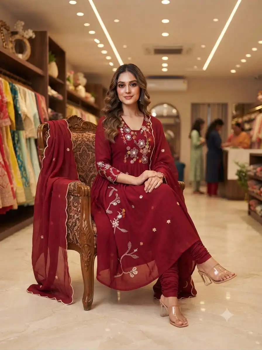 LG 2131 Maroon Mul Chanderi Salwar Suit with Embroidery Work & Sequins Work. Festive Deal ₹2199. Delivery 4-6 Working Days. Shop nowp | Casual Suits, Jump Suits, Creative suits, Designer Suits, Palazzo Suits, Party Wear Suits, Patiala Suits, Salwar suit, Straight Suits