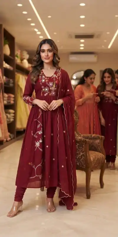 LG 2131 Maroon Mul Chanderi Salwar Suit with Embroidery Work & Sequins Work. Festive Deal ₹2199. Delivery 4-6 Working Days. Shop nowp | Casual Suits, Jump Suits, Creative suits, Designer Suits, Palazzo Suits, Party Wear Suits, Patiala Suits, Salwar suit, Straight Suits