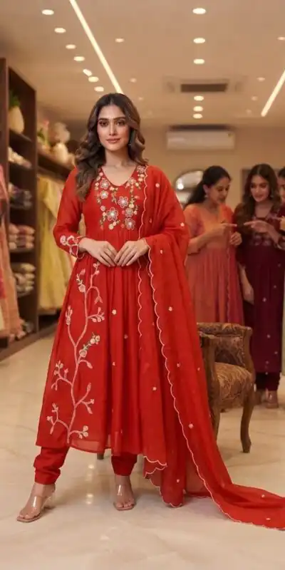 LG 2131 Red Mul Chanderi Salwar Suit with Embroidery Work & Sequins Work. Festive Deal ₹2199. Delivery 4-6 Working Days. Shop nowp | Casual Suits, Jump Suits, Creative suits, Designer Suits, Palazzo Suits, Party Wear Suits, Patiala Suits, Salwar suit, Straight Suits