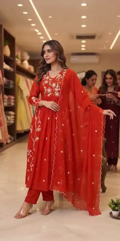 LG 2131 Red Mul Chanderi Salwar Suit with Embroidery Work & Sequins Work. Festive Deal ₹2199. Delivery 4-6 Working Days. Shop nowp | Casual Suits, Jump Suits, Creative suits, Designer Suits, Palazzo Suits, Party Wear Suits, Patiala Suits, Salwar suit, Straight Suits