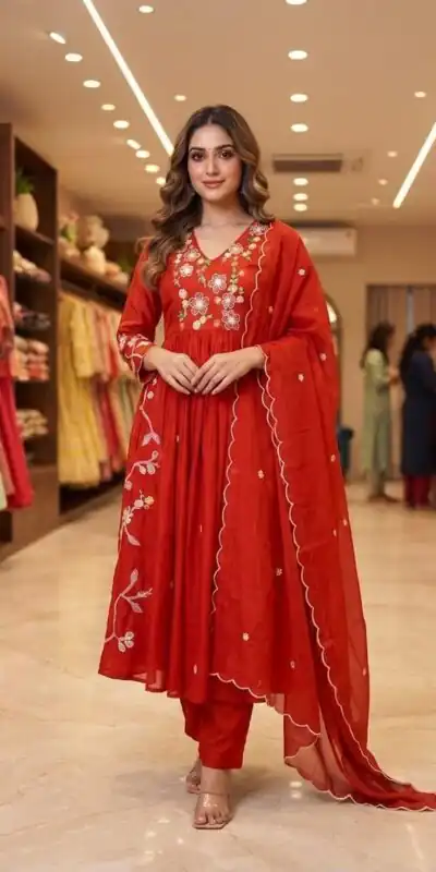 LG 2131 Red Mul Chanderi Salwar Suit with Embroidery Work & Sequins Work. Festive Deal ₹2199. Delivery 4-6 Working Days. Shop nowp | Casual Suits, Jump Suits, Creative suits, Designer Suits, Palazzo Suits, Party Wear Suits, Patiala Suits, Salwar suit, Straight Suits