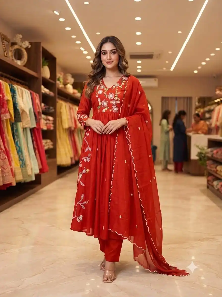LG 2131 Red Mul Chanderi Salwar Suit with Embroidery Work & Sequins Work. Festive Deal ₹2199. Delivery 4-6 Working Days. Shop nowp | Casual Suits, Jump Suits, Creative suits, Designer Suits, Palazzo Suits, Party Wear Suits, Patiala Suits, Salwar suit, Straight Suits
