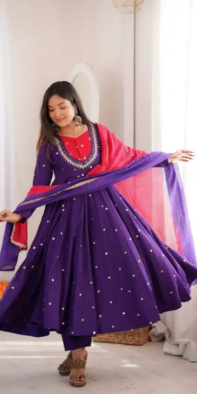ZF 5023 Purple Roman Silk Gown with Mirror Work & Embroidery Work. Special Price ₹2099. Delivery 4-6 Working Days. Shop now. | Bollywood Gowns, Creative Gowns, Designer Gowns, Embroidered Gowns, Gowns, Party Wear Gowns