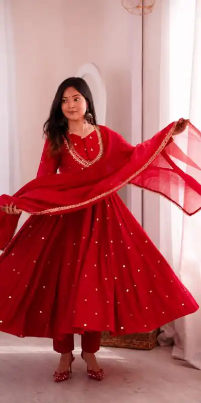 ZF 5023 Red Roman Silk Gown with Mirror Work & Embroidery Work. Special Price ₹2099. Delivery 4-6 Working Days. Shop now. | Bollywood Gowns, Creative Gowns, Designer Gowns, Embroidered Gowns, Gowns, Party Wear Gowns