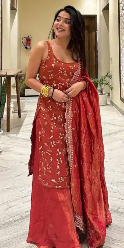 ST 174 Rust Zimmy Silk Salwar Suit Perfect for Wedding, Party, Karwa Chauth, Haldi, Eid – . Special Price ₹1999. Delivery 4-6 Working Days. Shop no | Casual Suits, Jump Suits, Creative suits, Designer Suits, Palazzo Suits, Party Wear Suits, Patiala Suits, Salwar suit, Straight Suits