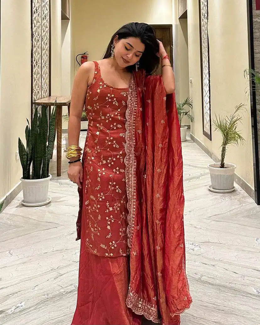 ST 174 Rust Zimmy Silk Salwar Suit Perfect for Wedding, Party, Karwa Chauth, Haldi, Eid – . Special Price ₹1999. Delivery 4-6 Working Days. Shop no | Casual Suits, Jump Suits, Creative suits, Designer Suits, Palazzo Suits, Party Wear Suits, Patiala Suits, Salwar suit, Straight Suits