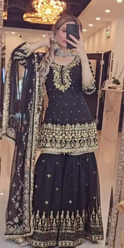 NF 1246 Black Faux Georgette Salwar Suit with Mirror Work & Embroidery Work. Get it for ₹2449. Delivery 4-6 Working Days. Shop now. | Casual Suits, Jump Suits, Creative suits, Designer Suits, Palazzo Suits, Party Wear Suits, Patiala Suits, Salwar suit, Straight Suits