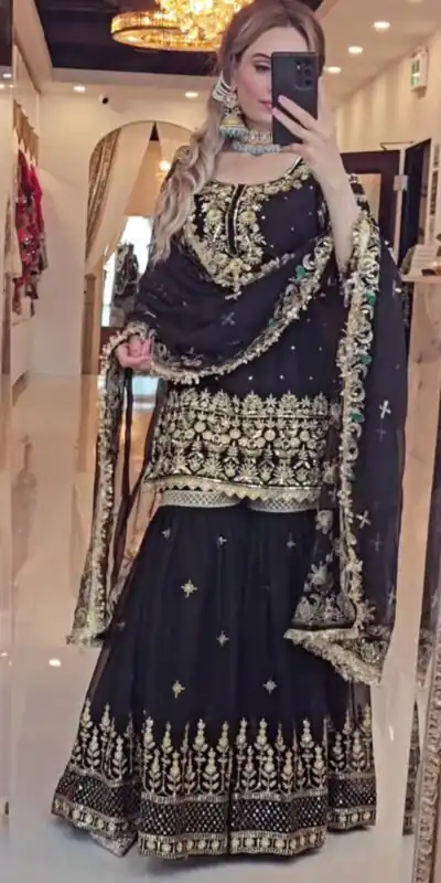 NF 1246 Black Faux Georgette Salwar Suit with Mirror Work & Embroidery Work. Get it for ₹2449. Delivery 4-6 Working Days. Shop now. | Casual Suits, Jump Suits, Creative suits, Designer Suits, Palazzo Suits, Party Wear Suits, Patiala Suits, Salwar suit, Straight Suits