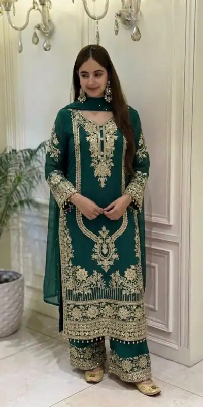 NSR 910 Green Faux Georgette Salwar Suit with Mirror Work & Embroidery Work. Get it for ₹2399. Delivery 4-6 Working Days. Shop now. | Casual Suits, Jump Suits, Creative suits, Designer Suits, Palazzo Suits, Party Wear Suits, Patiala Suits, Salwar suit, Straight Suits