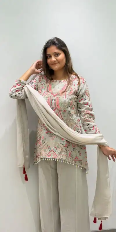 BE 489 Grey Faux Georgette Salwar Suit with Mirror Work & Embroidery Work. Get it for ₹2899. Delivery 4-6 Working Days. Shop now. | Casual Suits, Jump Suits, Creative suits, Designer Suits, Palazzo Suits, Party Wear Suits, Patiala Suits, Salwar suit, Straight Suits