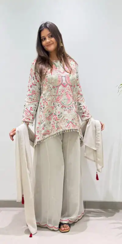 BE 489 Grey Faux Georgette Salwar Suit with Mirror Work & Embroidery Work. Get it for ₹2899. Delivery 4-6 Working Days. Shop now. | Casual Suits, Jump Suits, Creative suits, Designer Suits, Palazzo Suits, Party Wear Suits, Patiala Suits, Salwar suit, Straight Suits